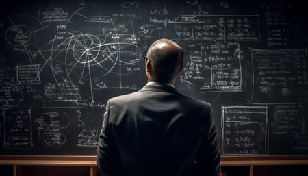 Businessman teaches successful mathematical solutions using technology and creativity indoors generated by artificial intelligenceの素材