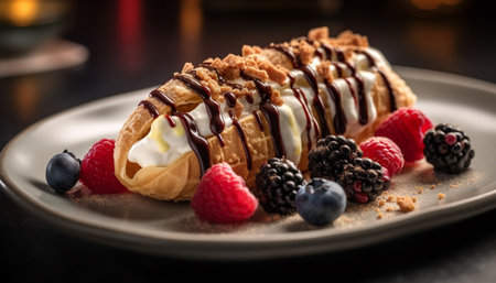 A gourmet dessert plate with fresh raspberry and blueberry pancakes generated by artificial intelligenceの素材
