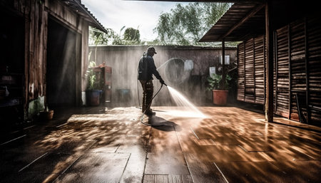 One man spraying flame on wood, danger in industry generated by artificial intelligenceの素材
