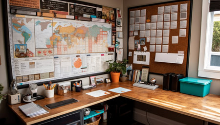 Modern office design with wood desk and computer equipment indoors generated by artificial intelligenceの素材