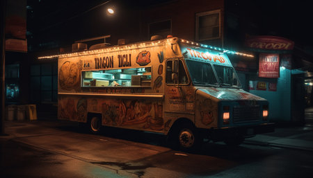 A double decker bus speeds through the illuminated city at dusk generated by artificial intelligenceの素材