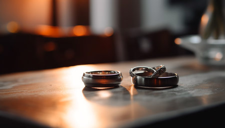 The newlywed couple love symbolized by shiny diamond wedding rings generated by artificial intelligenceの素材