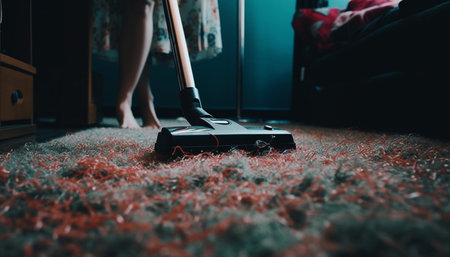 Modern woman cleans flooring with vacuum cleaner in living room generated by artificial intelligenceの素材