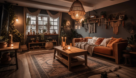 Modern luxury living room with elegant decor and rustic charm generated by artificial intelligenceの素材