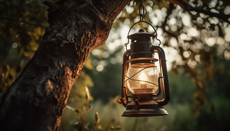 An old fashioned lantern illuminates the rustic metal handle in winter generated by artificial intelligenceの素材