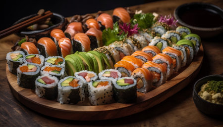 A gourmet seafood meal with fresh sushi rolls and avocado generated by artificial intelligenceの素材