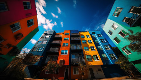 A modern apartment building illuminated by vibrant colors at dusk generated by artificial intelligenceの素材
