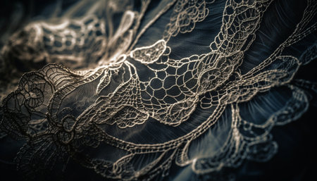 Ornate antique lace pattern on dark silk backdrop exudes elegance generated by artificial intelligenceの素材