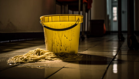 A spooky pumpkin lantern on a yellow table indoors generated by artificial intelligenceの素材