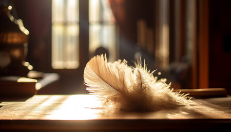 Antique quill pen on old fashioned table, surrounded by literature generated by artificial intelligenceの素材