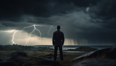 Standing on cliff, businessman holds copy space, forecasting success generated by artificial intelligenceの素材