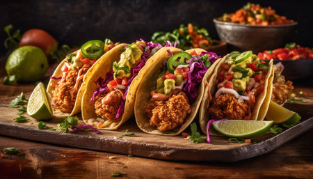 Grilled beef taco with fresh guacamole, cilantro, and lime juice generated by artificial intelligenceの素材
