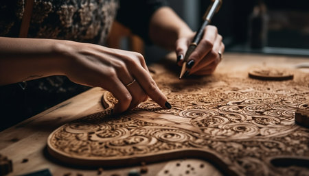 One craftsperson skilled hand carves a beautiful wooden pattern generated by artificial intelligenceの素材