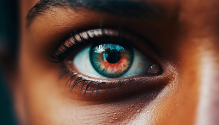 Beautiful young woman staring at camera with blue iris elegance generated by artificial intelligenceの素材