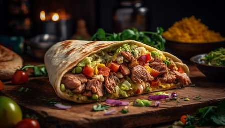 Grilled steak burrito with fresh guacamole, tomato, and cilantro generated by artificial intelligenceの素材