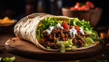 Freshly grilled beef taco with homemade guacamole and spicy salsa generated by artificial intelligenceの素材