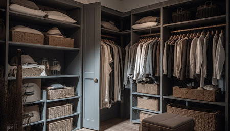 Modern boutique showcases elegant clothing collection on clean wooden shelves generated by artificial intelligenceの素材