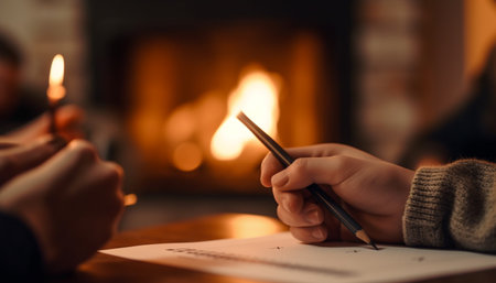 A family celebrates winter together, drawing by candlelight indoors generated by artificial intelligenceの素材