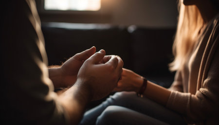 A happy young couple sitting on sofa, holding hands affectionately generated by artificial intelligenceの素材