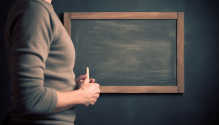 The teacher, a Caucasian male, stands holding chalk on blackboard generated by artificial intelligenceの素材