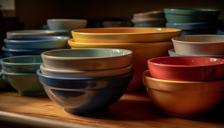 A colorful collection of ceramics adorns the empty kitchen shelf generated by artificial intelligenceの素材
