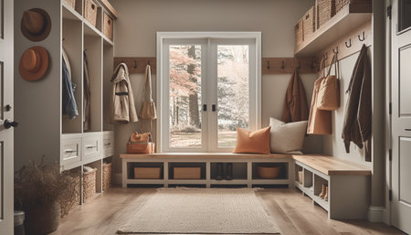 Elegant modern bedroom with comfortable pillow collection and wooden flooring generated by artificial intelligenceの素材