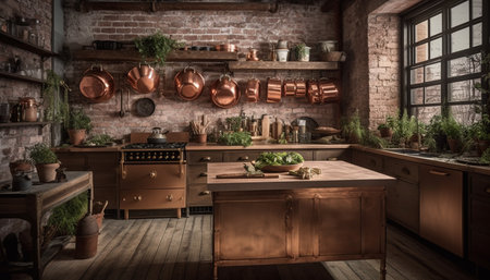 Modern rustic kitchen design with luxury appliances and hardwood flooring generated by artificial intelligenceの素材