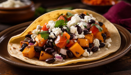 A gourmet Mexican plate with beef, guacamole, and fresh vegetables generated by artificial intelligenceの素材