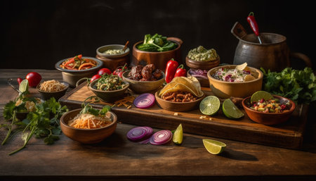 Fresh vegetarian salad with organic ingredients on rustic wooden plate generated by artificial intelligenceの素材
