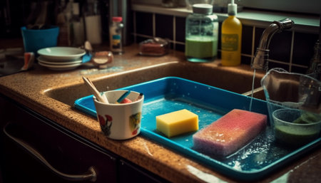 Clean dishes, fresh food, modern kitchen domestic bliss achieved generated by artificial intelligenceの素材