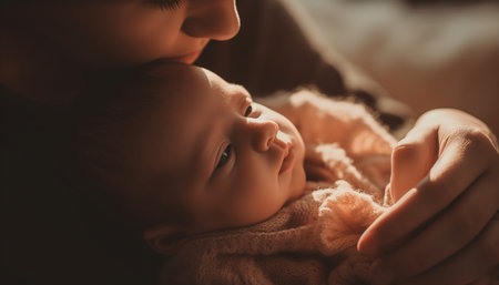 A mother love embracing her newborn baby girl, pure happiness generated by artificial intelligenceの素材