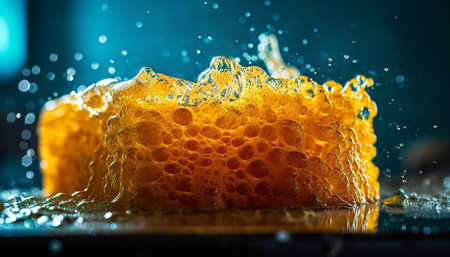 Golden honey pouring from honeycomb cell, a sweet refreshment generated by artificial intelligenceの素材