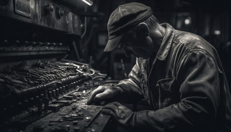 The young adult mechanic expertly repairs the metallic machinery indoors generated by artificial intelligenceの素材