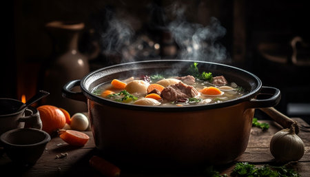 A homemade beef stew simmering on a rustic wood table generated by artificial intelligenceの素材