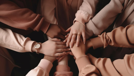Multi ethnic group of professionals holding hands in solidarity for success generated by artificial intelligenceの素材
