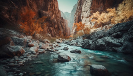 The majestic mountain peak stands tall in the tranquil scene generated by artificial intelligenceの素材