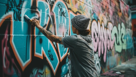 A young man sprays graffiti on a dirty city wall generated by artificial intelligenceの素材