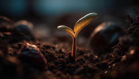 New life sprouts from wet dirt, fragile sapling shows beauty generated by artificial intelligenceの素材