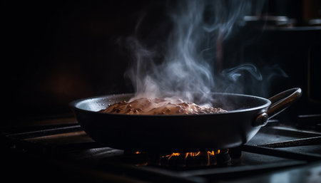 Grilled pork steak sizzling on hot stove top burner generated by artificial intelligenceの素材