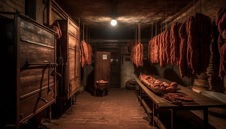 Grilled meat hanging in a row, a gourmet delicatessen generated by artificial intelligenceの素材