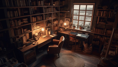 Antique bookshelf illuminates modern living room with rustic elegance generated by artificial intelligenceの素材