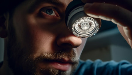 One caucasian male, with beard, watching through camera lens indoors generated by artificial intelligenceの素材