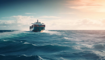 A large container ship carrying cargo containers sails at dusk generated by artificial intelligenceの素材