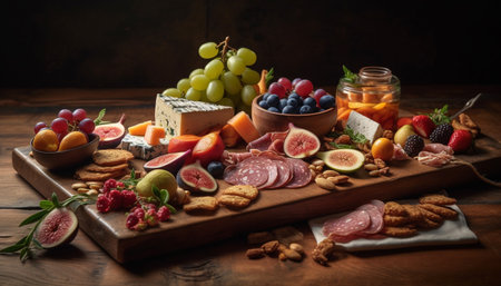 A rustic appetizer plate with prosciutto, camembert, and grapes generated by artificial intelligenceの素材