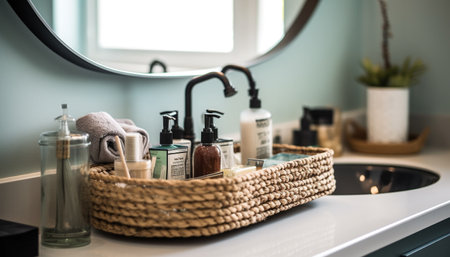 Modern bathroom design promotes healthy lifestyles with clean equipment and hygiene generated by artificial intelligenceの素材