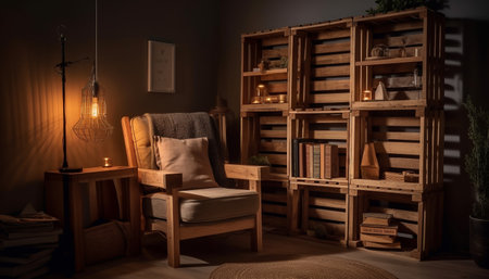 Rustic elegance illuminates modern library with antique literature collection generated by artificial intelligenceの素材