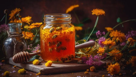 Fresh organic honey in rustic jar, a healthy sweet alternative generated by artificial intelligenceの素材