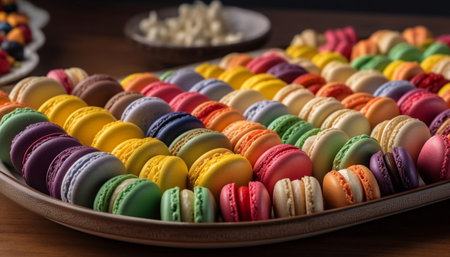 A gourmet French macaroon stack, multi colored and indulgent generated by artificial intelligenceの素材