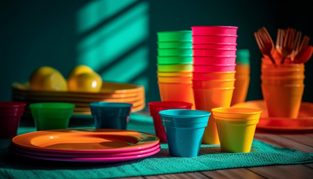 A vibrant still life arrangement of colorful party utensils generated by artificial intelligenceの素材