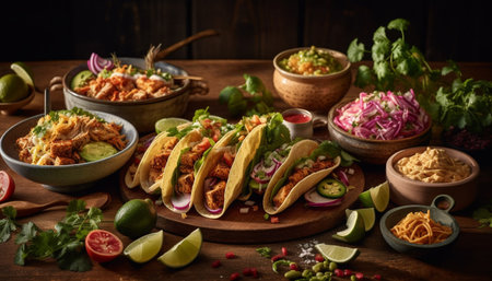 A gourmet taco plate with fresh guacamole and spicy salsa generated by artificial intelligenceの素材